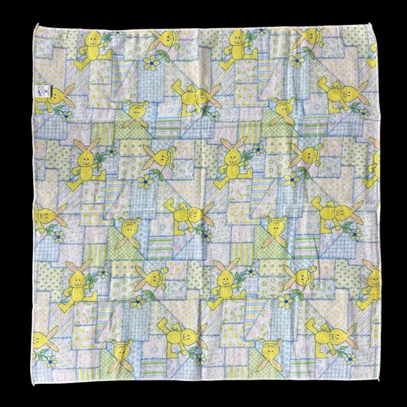 Vintage Baby Receiving Blanket Yellow Bunny Daisy Patchwork 1980s Riegel Cotton - Picture 2 of 8